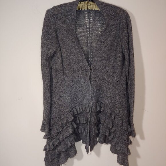 Kial Wool Blend Snap Buttons Ruffles  Long Sleeves Knit Cardigan Sz L/XL Grey - Picture 1 of 5
